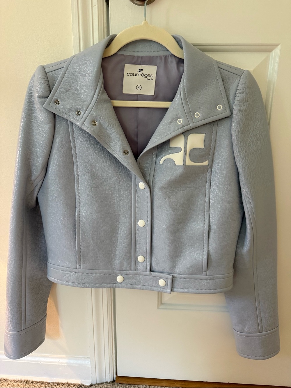Courrèges Lavender Leather Moto Jacket with Logo Patch